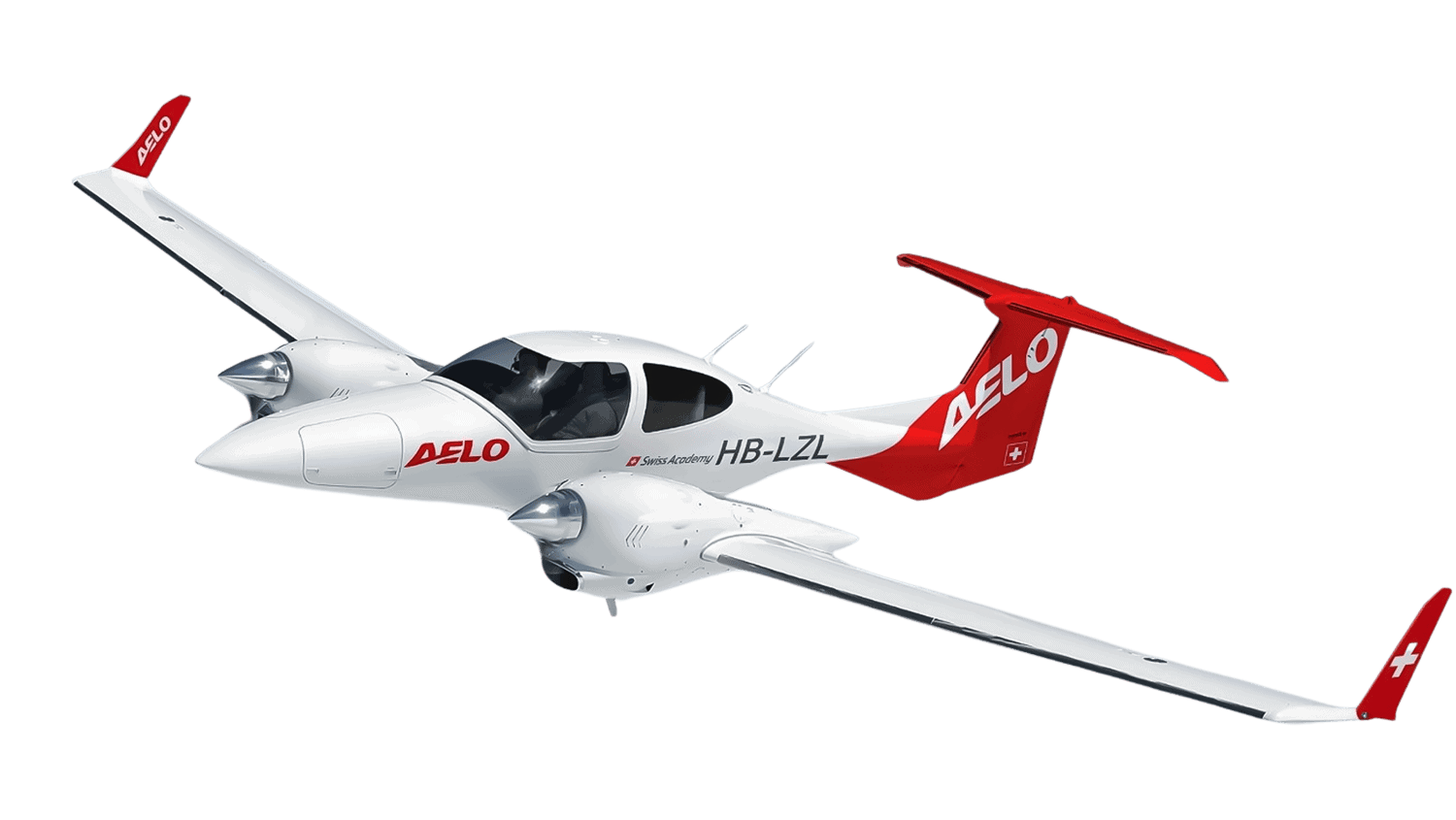 Diamond DA42 twin-engine aircraft, AELO Swiss Academy livery, used for pilot training.