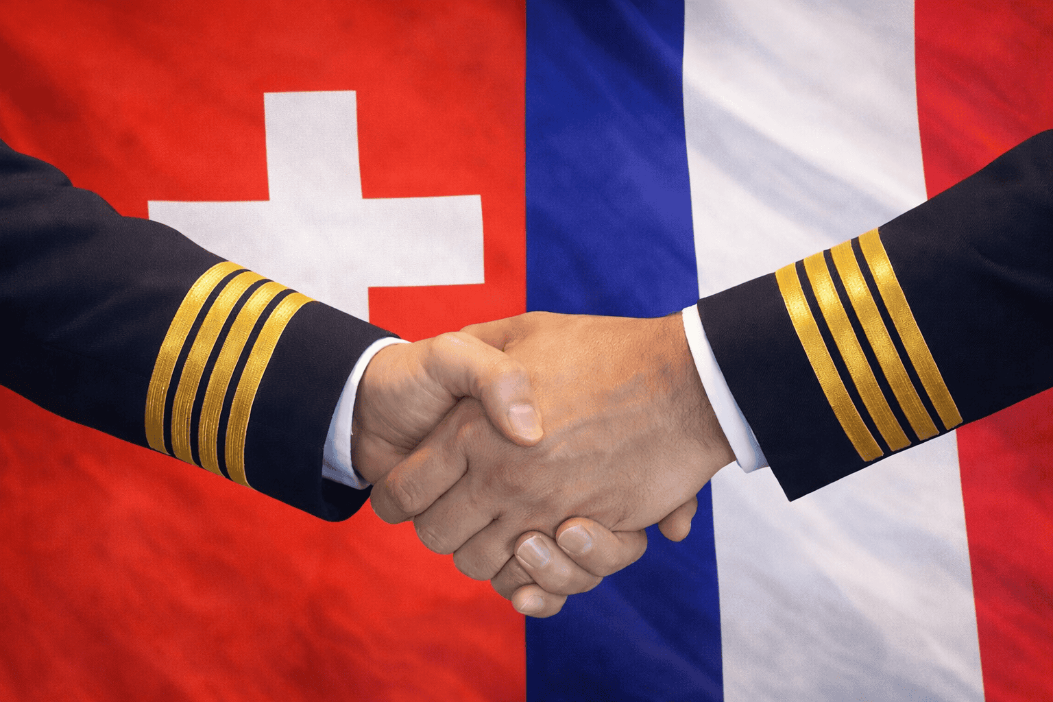 Piloto estrechando la mano sobre banderas de Suiza y Francia, transferencia de ESMA a Aelo Swiss Academy.