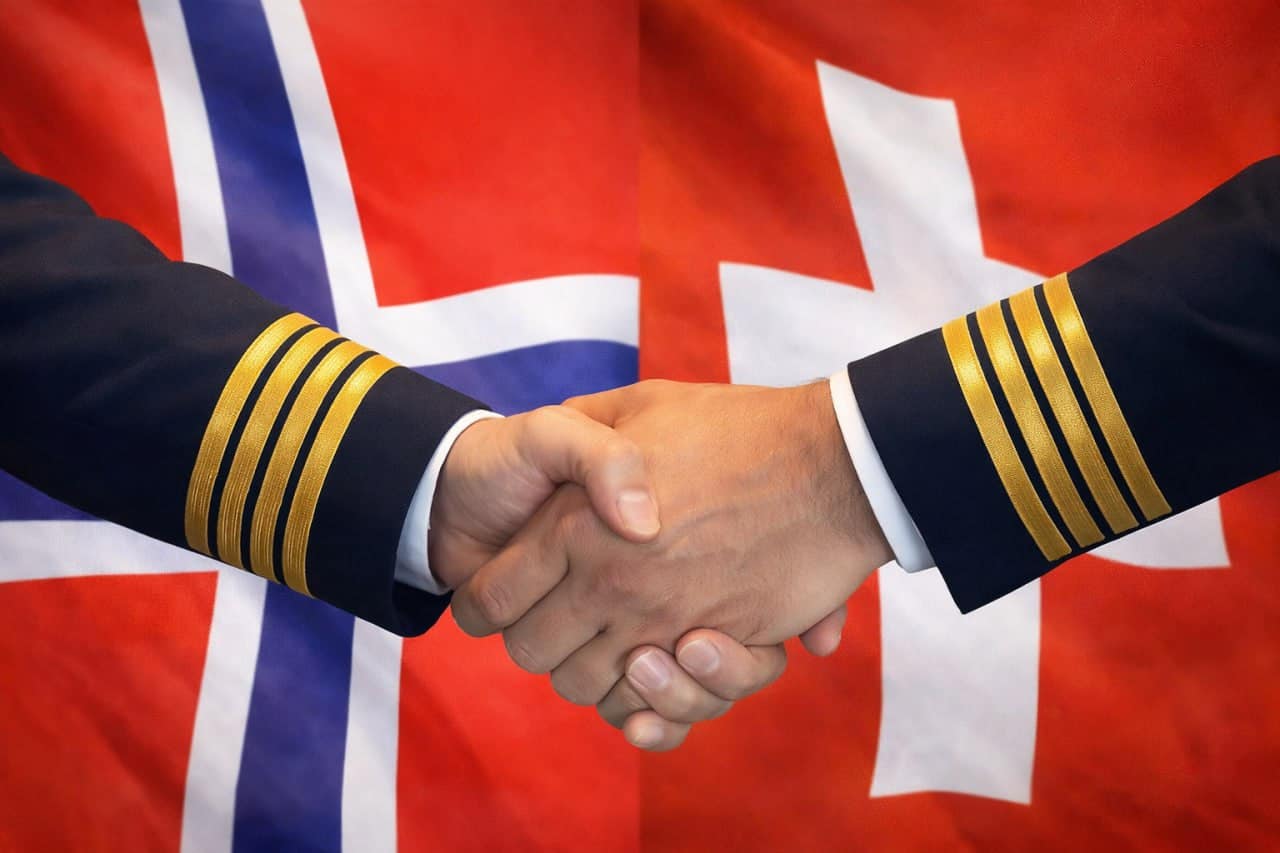 Apretón de manos entre banderas de Noruega y Suiza, representando la transferencia de estudiantes de piloto de Norway a Suiza con AELO Swiss Academy.