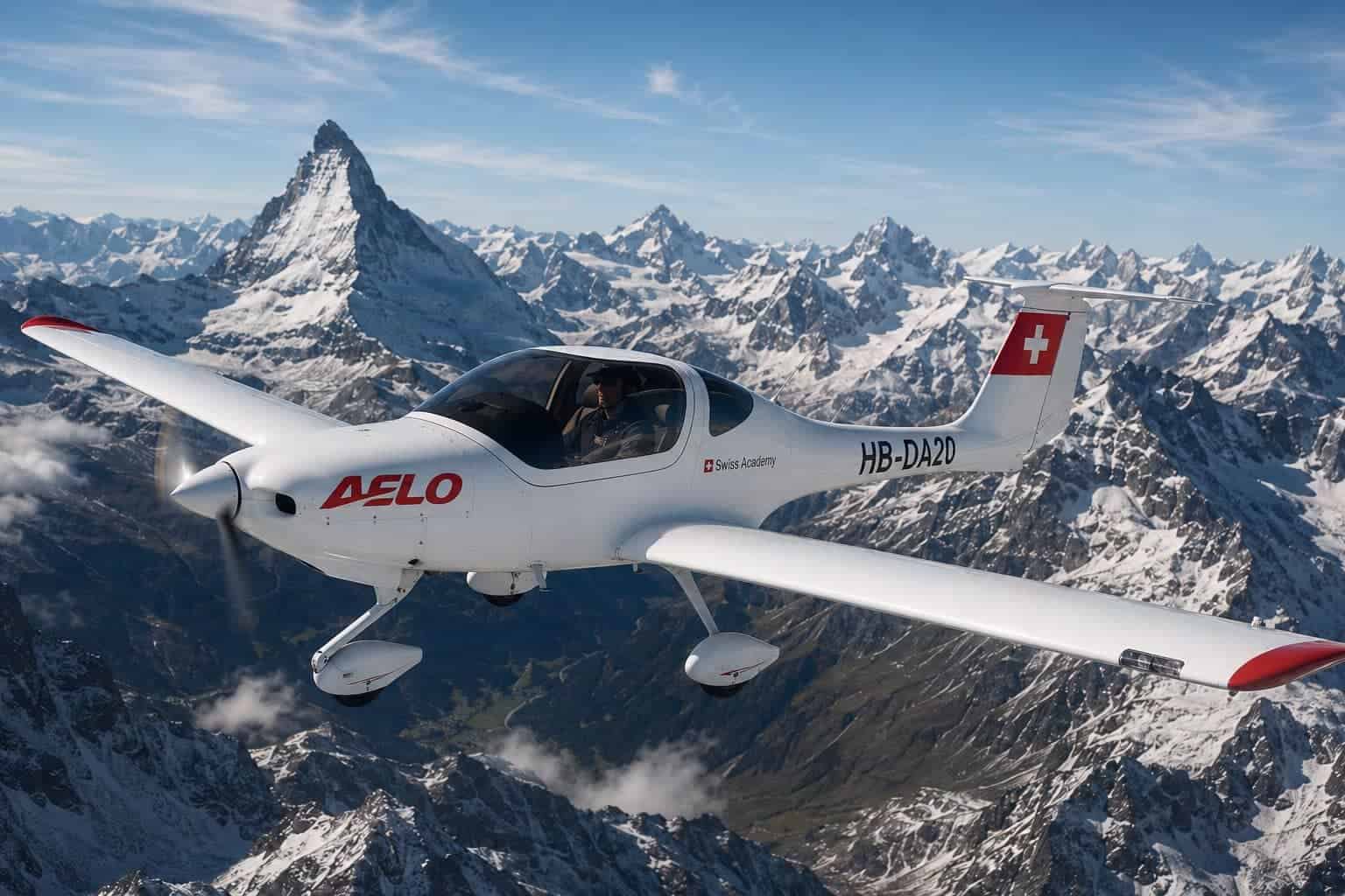 Diamond DA20i Katana de AELO Swiss Academy sobre los Alpes suizos, avión de entrenamiento de vuelo.